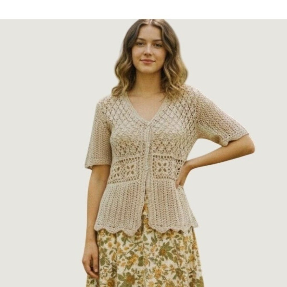 Vtg Beige Crochet Cardigan Short Sleeve Button Front Cotton Knit Top Size Small